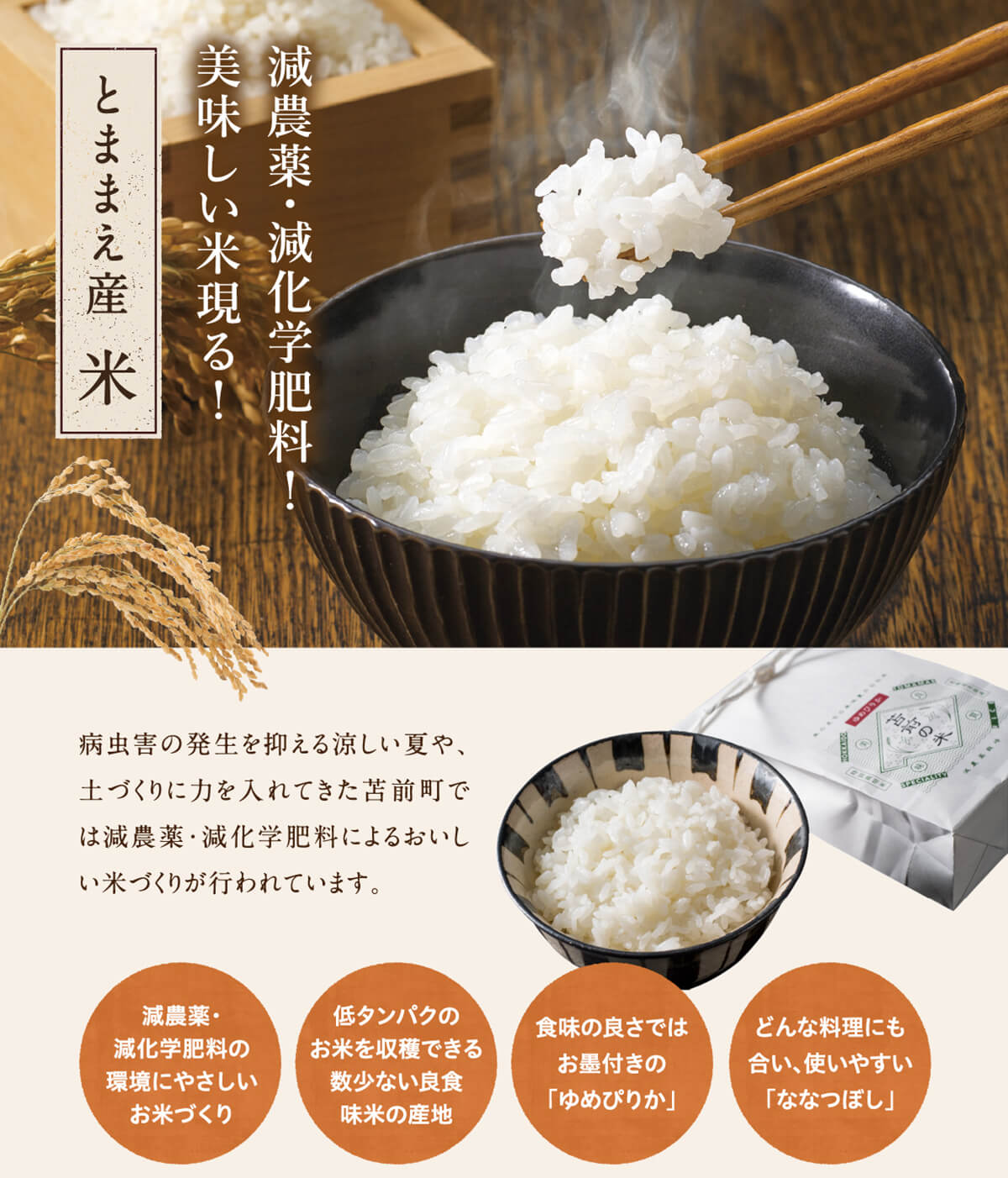 とままえ産 米 減農薬・減化学肥料！美味しい米現る！病虫害の発生を抑える涼しい夏や、土づくりに力を入れてきた苫前町では減農薬・減化学肥料によるおいしい米づくりが行われています。